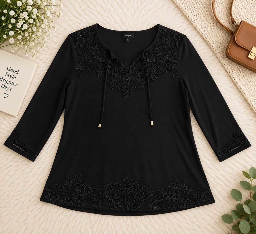 Rafaella Women’s L Black Embroidered Boho Tunic Top 3/4 Sleeve Tie Neck